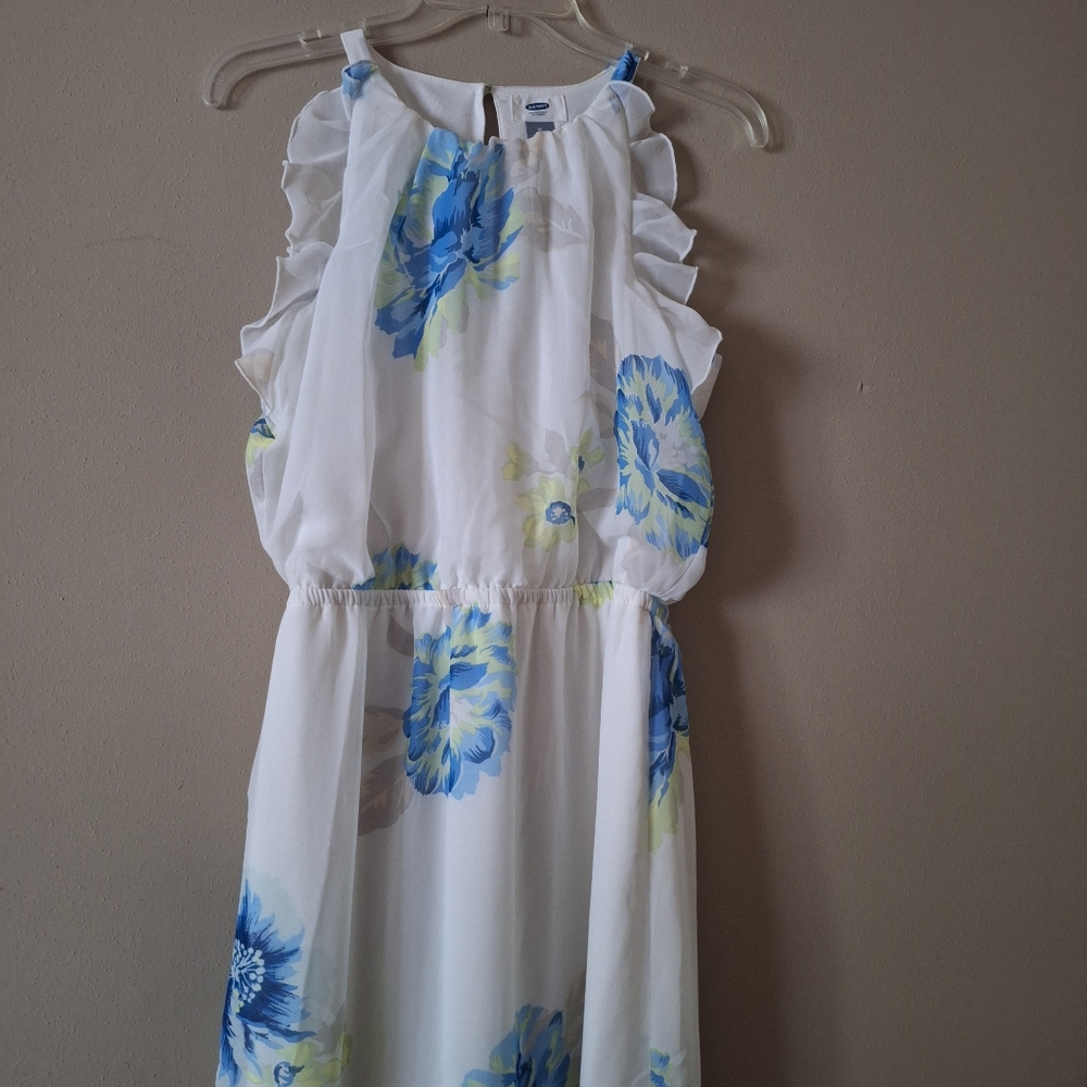 Old Navy White Dress with Blue and Green Floral Pattern Ruffles Mesh Maxi M - Picture 3 of 16